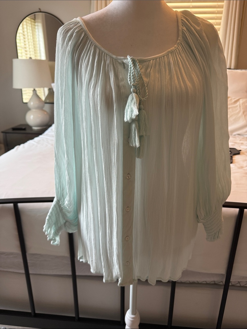 Karen Kane Boho Light Mint Long-Sleeve Peasant Blouse with Tassel Tie